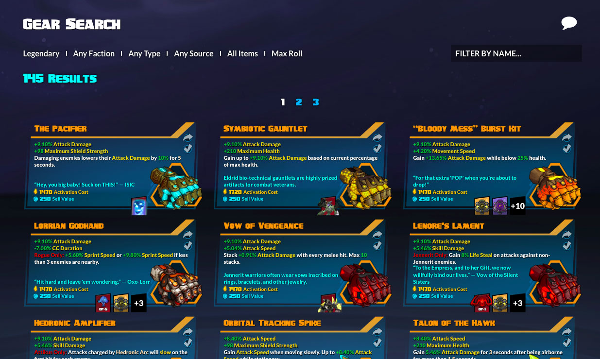 Gear search engine for Battleborn
