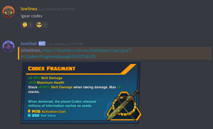 Lowlibot reacting to queries in the Discord chat